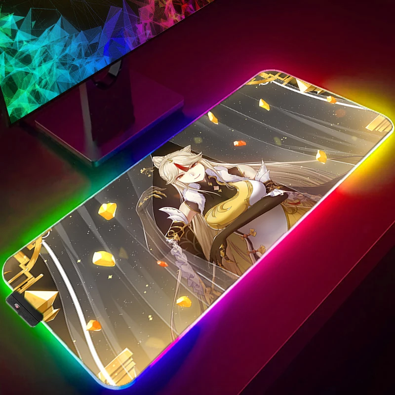 Фото Коврик для мыши Xxl Genshin Impact со светодиодный светильник, игровой коврик для мыши RGB, Настольный коврик, аксессуары для ПК, милый игровой коврик, большая Люминесцентная мышь №3