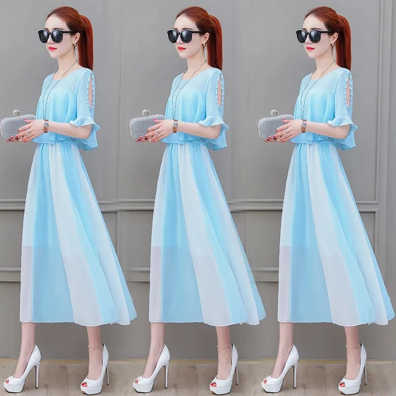 Летнее платье с бусинами новинка 2022 модное тонкое шифоновое средней длины в