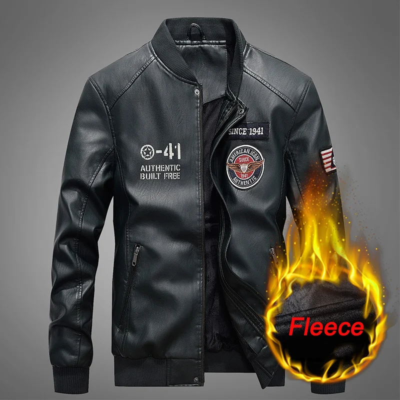 

New Baseball Jacket Men Military Leather Jackets Male Autumn Winter Fleece Liner Mens Jacket Outwear Warm PU Jacket hombre M-4XL