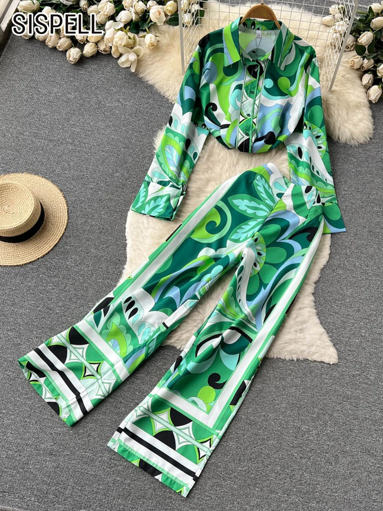 

SISPELL Casual Two Piece Sets For Women Lapel Long Sleeve Loose Top High Waist Wide Leg Pant Print Colorblock Sets Female Summer