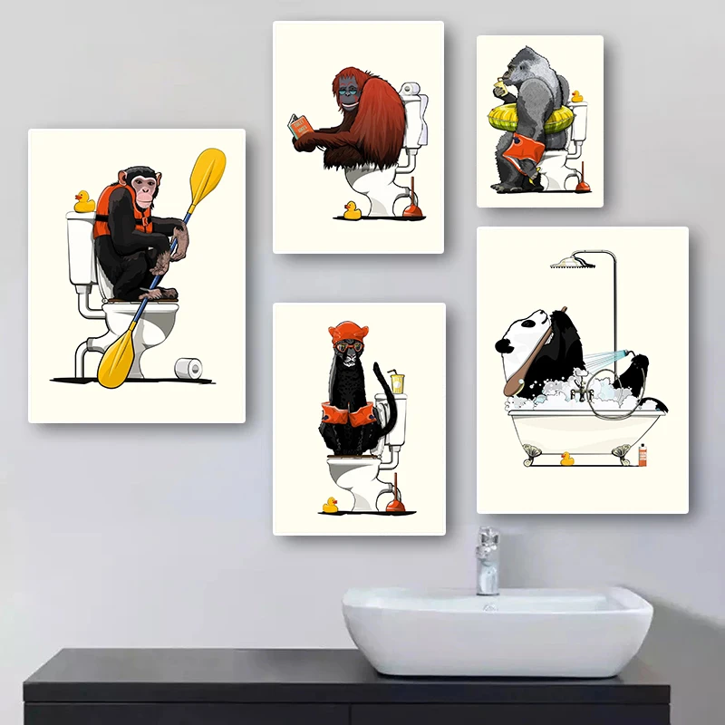 

Декор в скандинавском стиле для ванной комнаты, постер с животными, обезьяна, тигр, туалет, ванночка, мультфильм, Горилла, холст, живопись, ре...