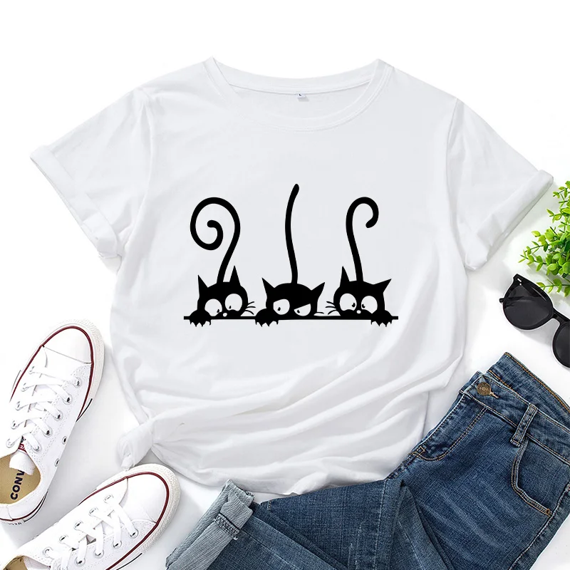 Футболка женская повседневная с круглым вырезом Классический Топ принтом кота и