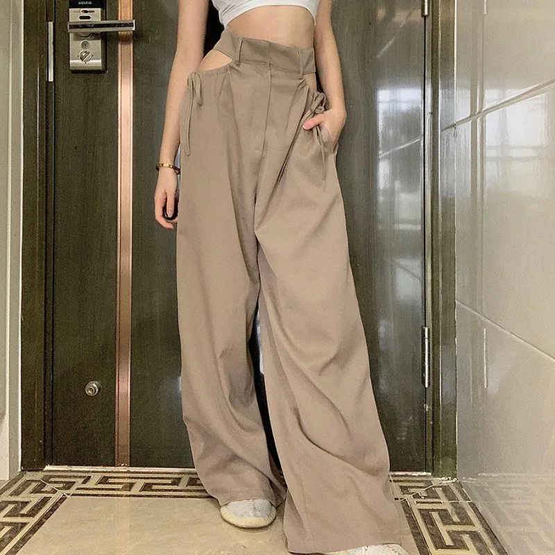 Women's Casual Pants 2023 New High-Waisted Drawstring Hollowed Out Loose Straight Wide Leg Pants Long Free Shipping