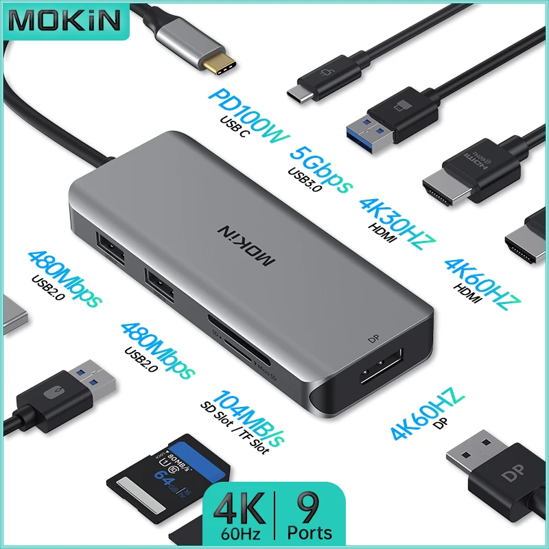 

MOKiN 9 in 1 Docking Station for MacBook Air/Pro, iPad, Thunderbolt Laptop - USB2.0, USB3.0, HDMI 4K30Hz, HDMI 4K60Hz, PD 100W