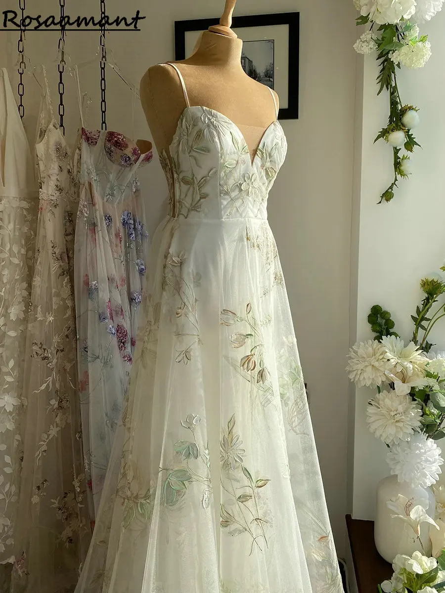 

Vintage Spaghetti Straps Floral Print Wedding Dresses A-Line Sleeveless Boho Country Bridal Gowns