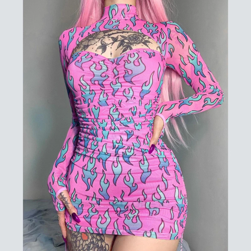 

2022 Long Sleeve Gloves Drawstring Ruched Bodycon Sexy Streetwear Autumn Flame Print Hollow Out Women Mini Dress