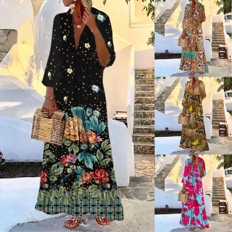 

2022 BoHo Sexy V Neck Long Sleeve Party Dress Women Elegant Print Leopard Print Maxi Dresses For Women Fashion Long Dress