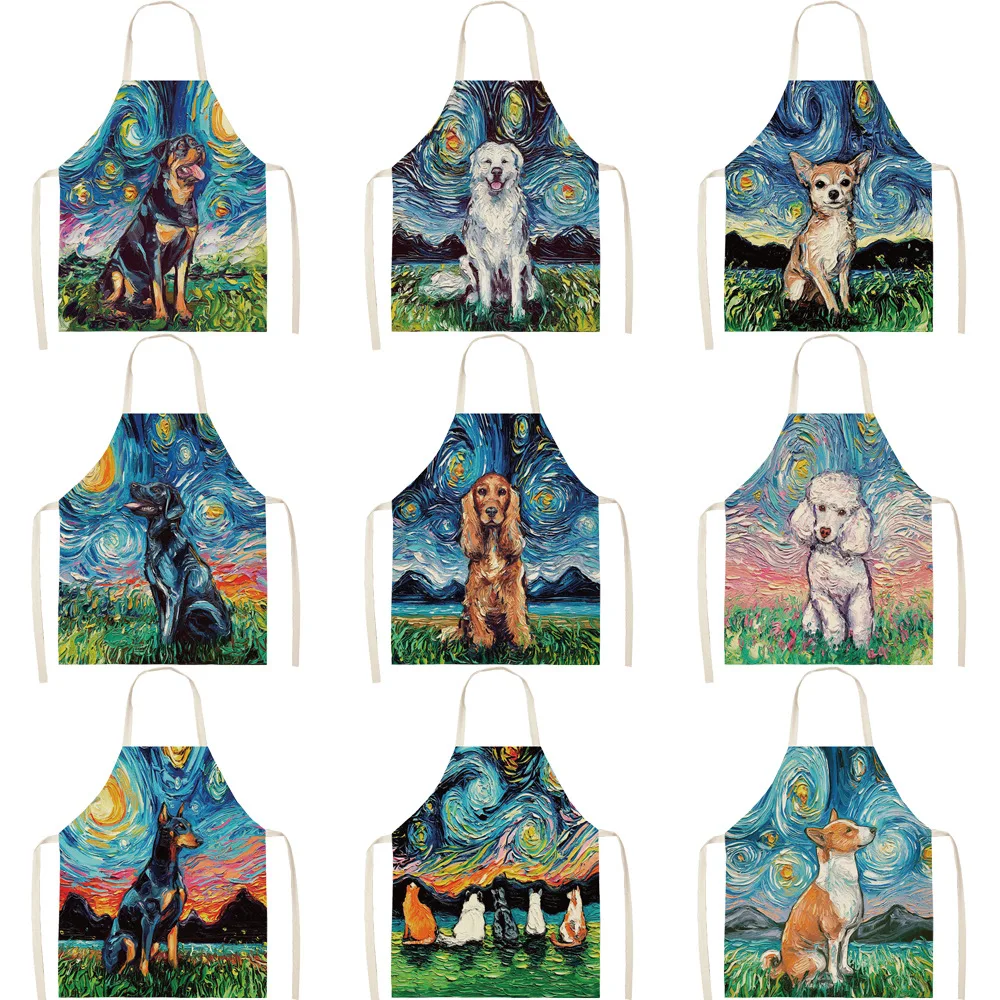 

Oil Painting Style Apron Starry Sky Background Dog Creative Cotton Linen Parent-child Apron Kitchen Household