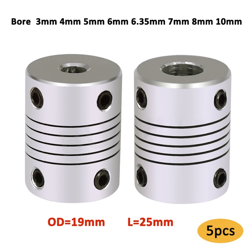 

5pcs D19*L25 Aluminium Flexible Jaw Shaft Coupling 3/4/5/6/6.35/7/8/10mm CNC Stepper Motor Coupler Encoders Engraving 3D Printer