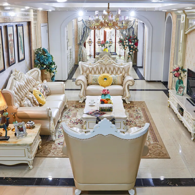 

European-style leather sofa solid wood 123-size apartment with first-floorcowhidecombinationFrench villa living room simple sofa