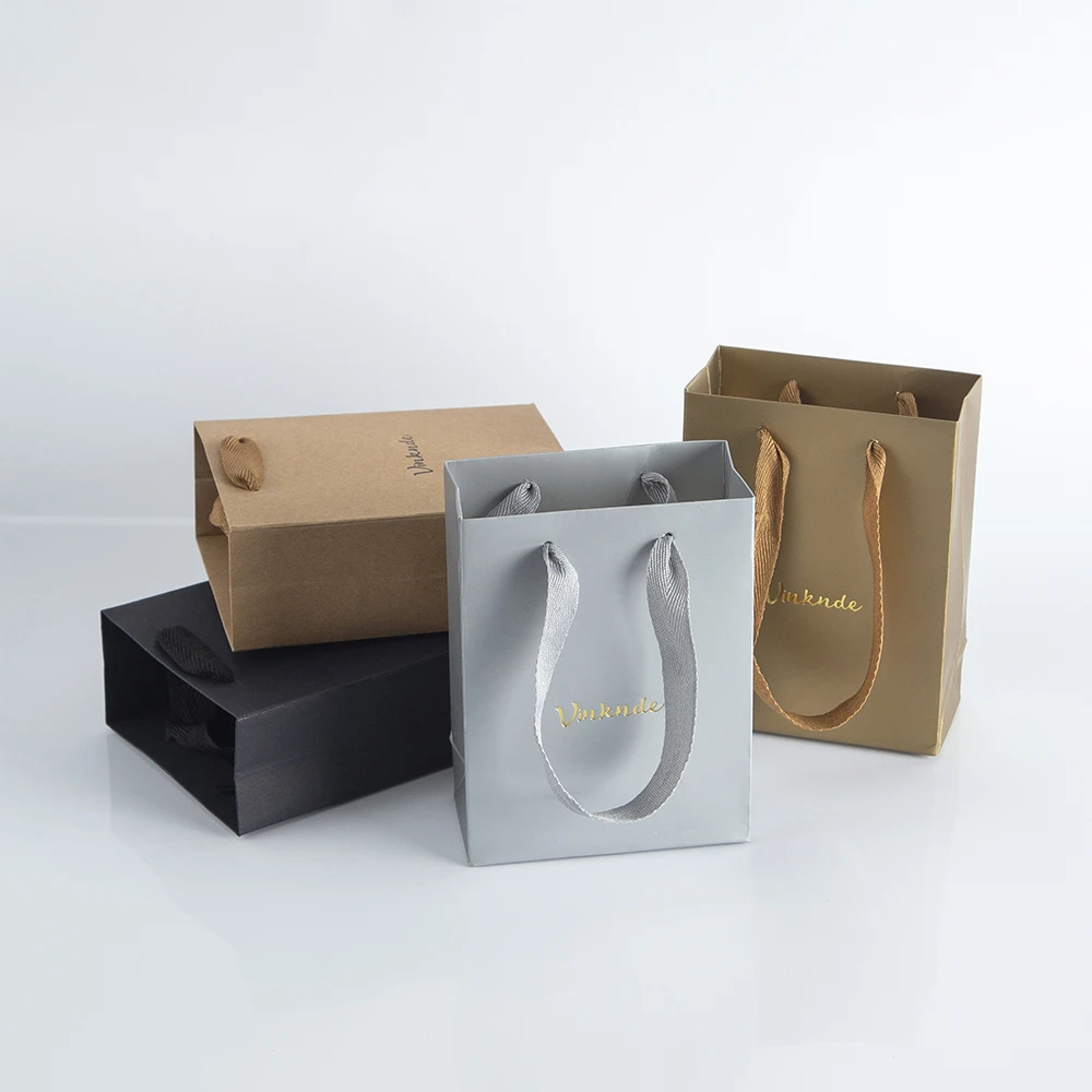 100pcs personalized Paper Tote Bags With Ribbon Cardboard Jewelry Gift Packaging Pouch Chic Small Wedding Ring Shopping Gift Bag