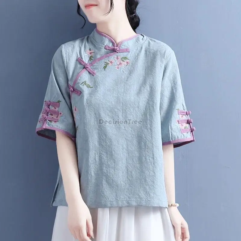 

2023 chinese vintage style jacquard button embroidered mid sleeve top women graceful blouse shirts buckle stand collar hanfu top