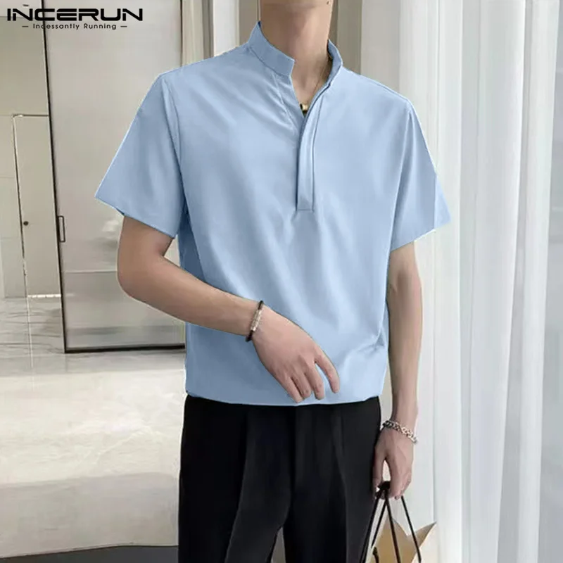 

Рубашка INCERUN мужская с воротником-стойкой, Повседневная блуза с короткими рукавами, однотонная уличная одежда в Корейском стиле, для отдыха, лето 2023