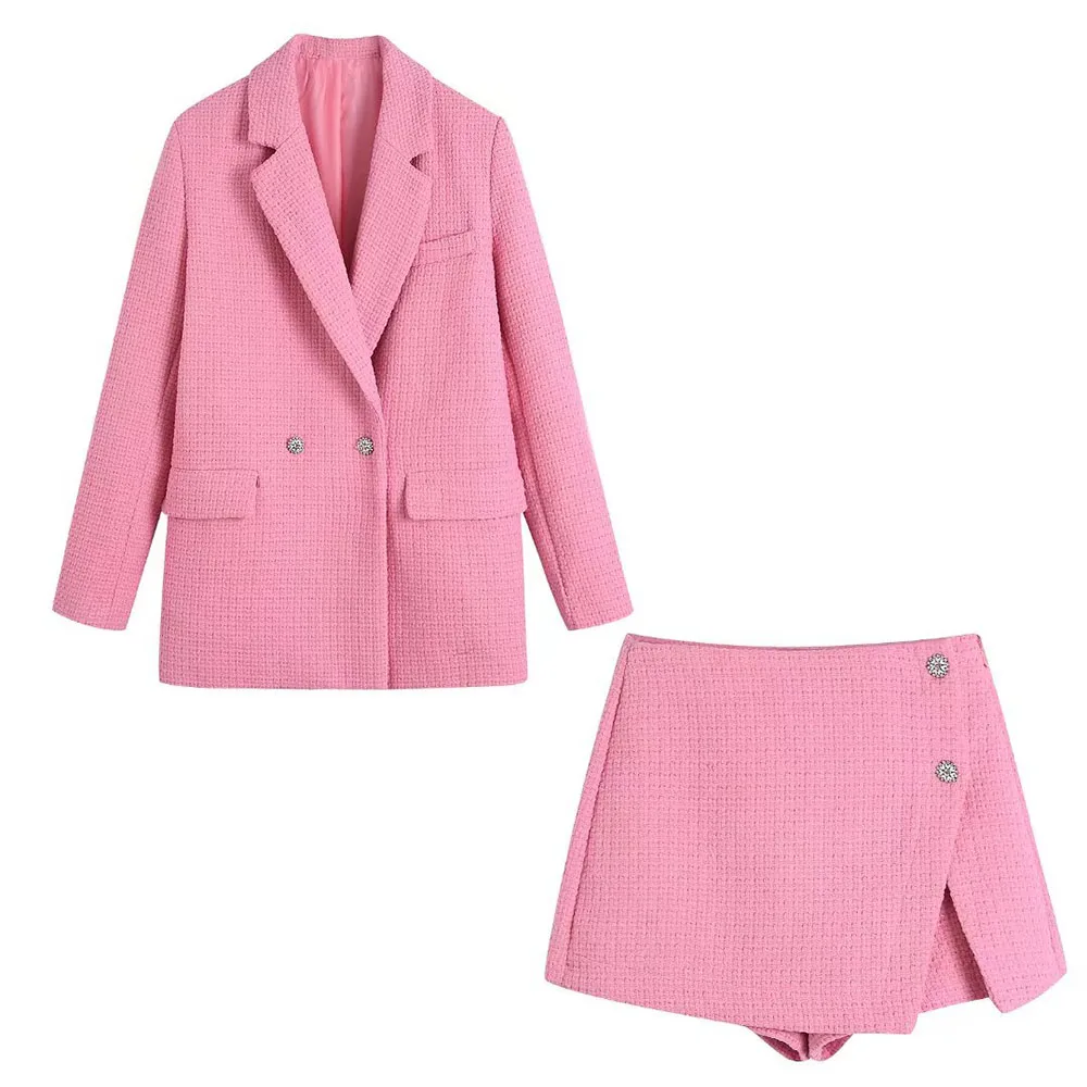 

Women's 2022Fashion New Button Decoration Textured Blazer Casual Pink Retro Female Chic Jacket + High Waist Textured Hakama Suit