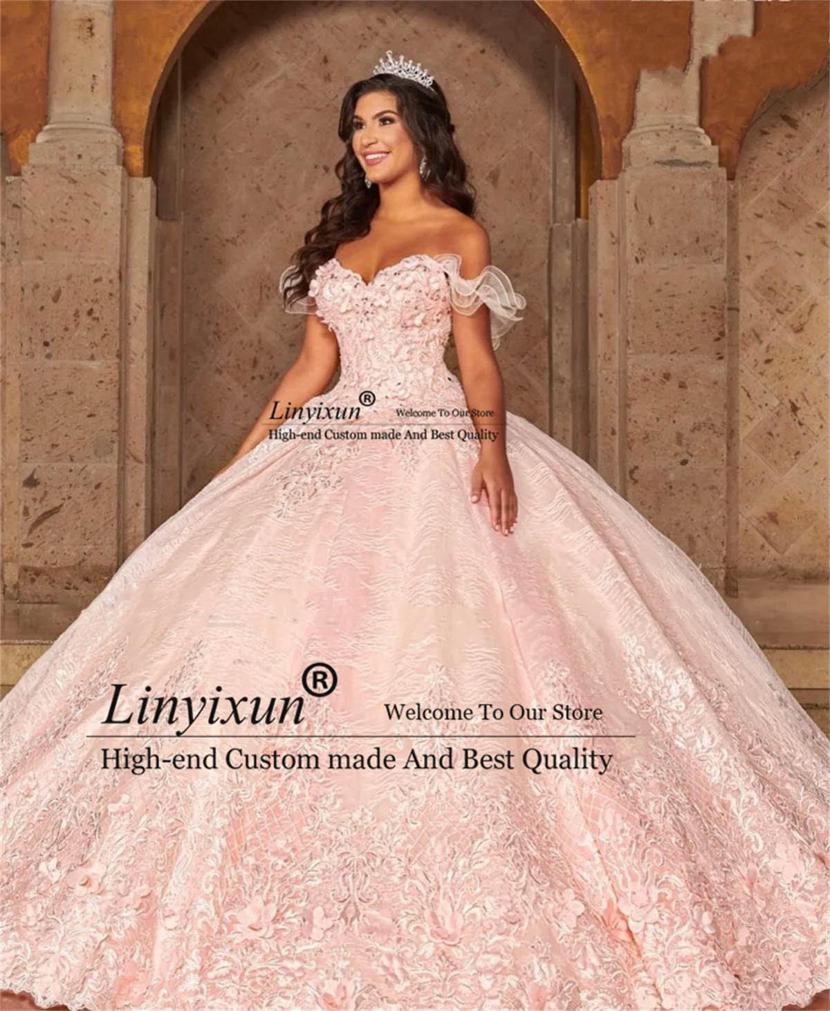 

Розовое Бальное Платье, Платье для Quinceanera, с аппликацией из бисера и стразами, красивое платье на шнуровке со шлейфом 15 лет