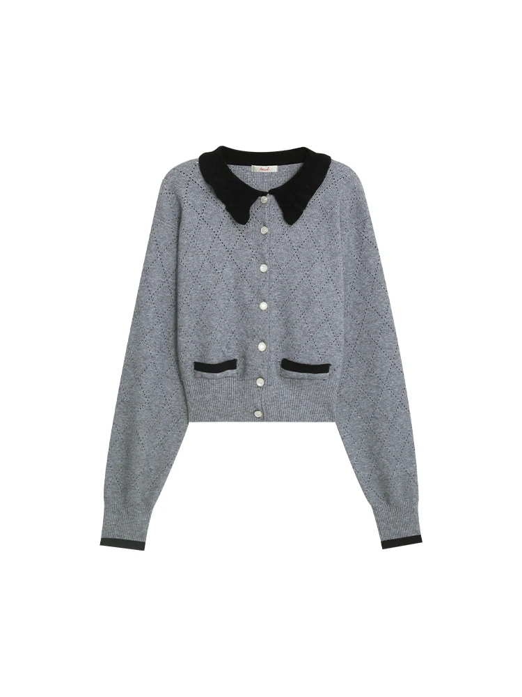 Серый вязаный кардиган с французским кукольным воротником верхняя одежда