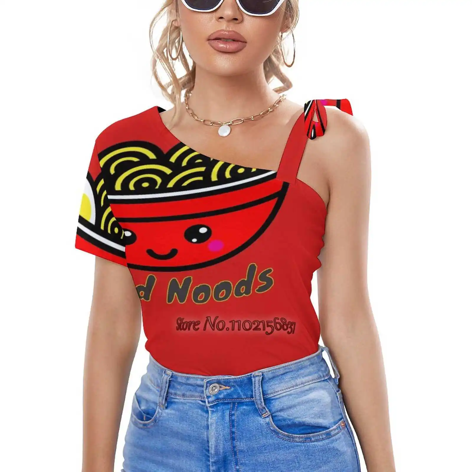 

Пикантная футболка Send Noods, повседневные топы, на одно плечо, на шнуровке, футболки в Корейском стиле, лапша, отправляется в отправку, смешная ...