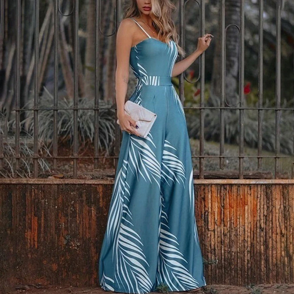 Indie 90s Aesthetic Fashion Jumpsuit Women Leaf Printed Women Straped Sleeveless Backless Long Jumpsuits Boho One Piece Outfit