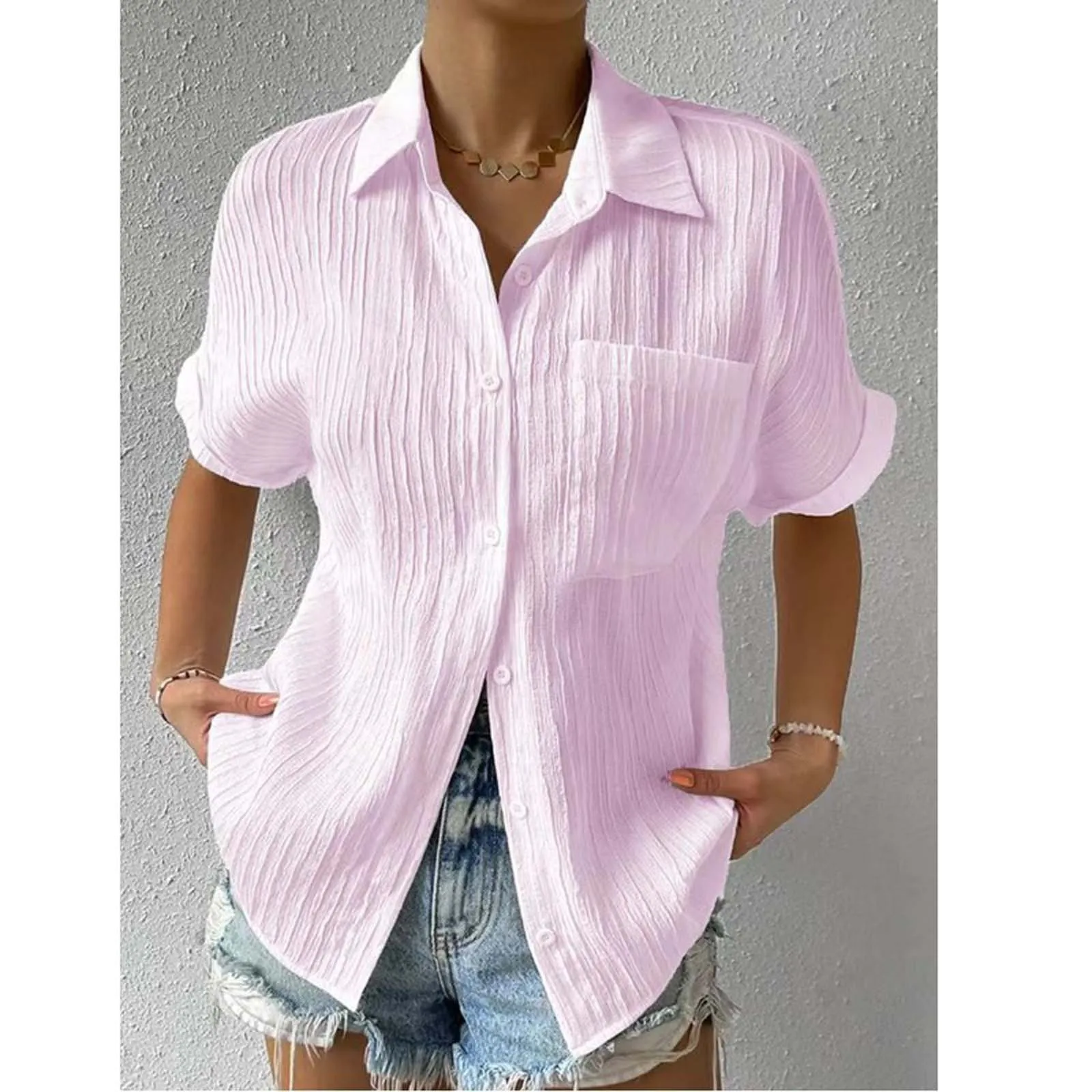 

Women's Summer Solid Color Blouse Loose Cotton Pleated Shirt Blouse 2023 Summer Casual Fashion Short Sleeved Pocket Shirts
