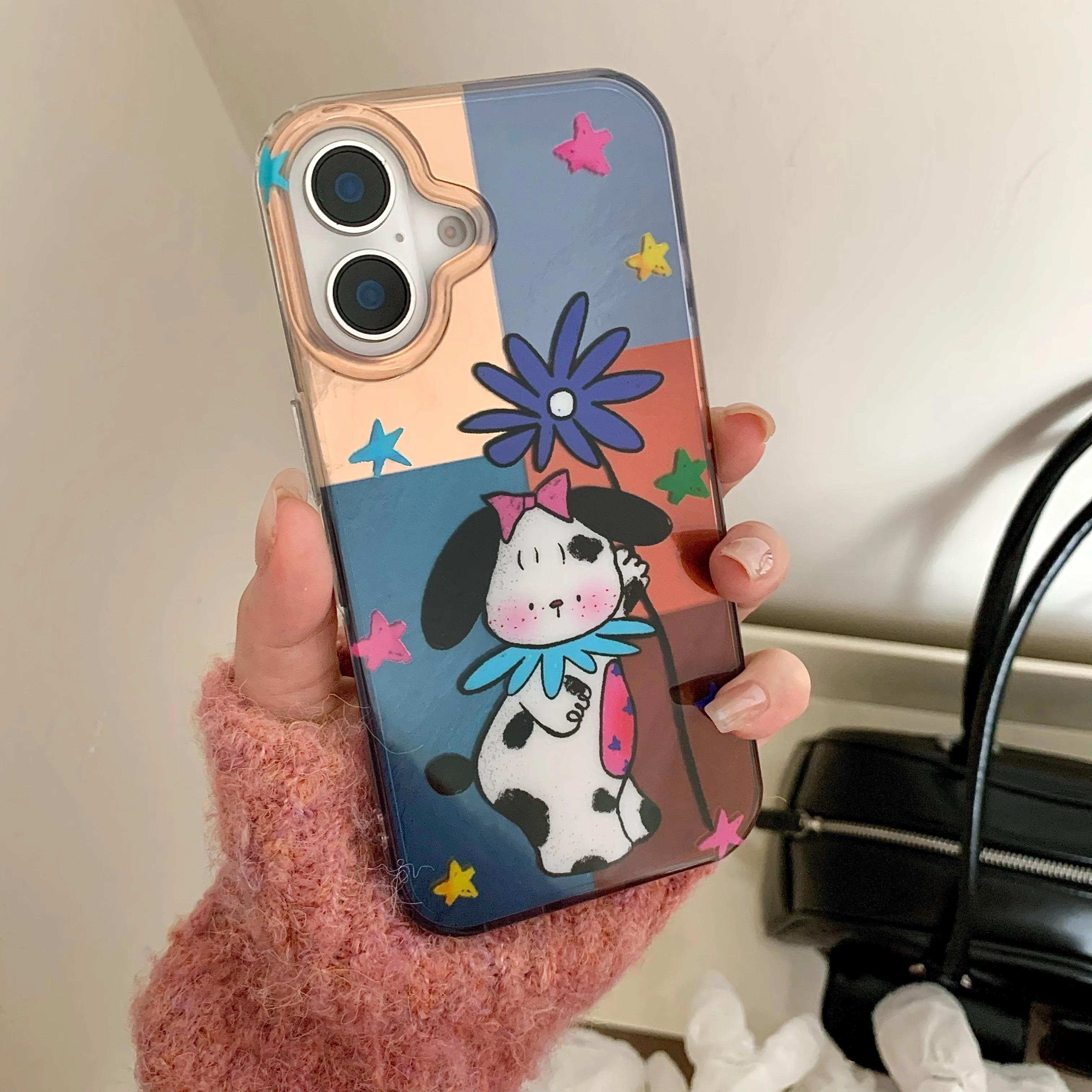 Cartoon INS Ripple Texture Double Layer Dog Splicing Checkers Phone Case for iPhone 16 15 14 13 Pro Max Back Cover Capa