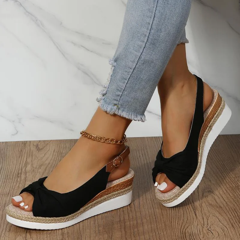 

2022 Fashion Buckle Peep Toe Women Sandals Wedges Light High Heels Wear-resistant Women Office Wedding Sandals Sandalias Mujer