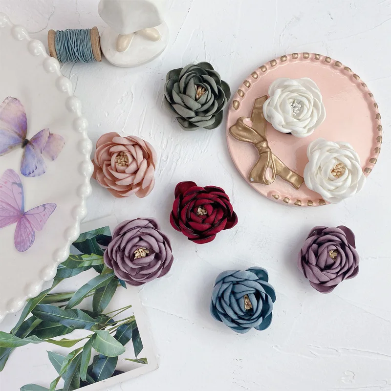 

4cm Handmade Satin Rose Ribbon Rosette Fabric Flower Bow Applique Wedding Decoration Craft Sewing Accessories DIY Material