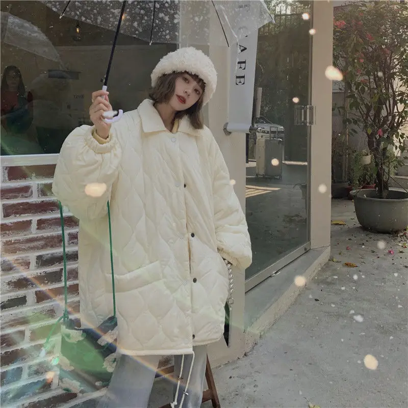 Extra-large Slim Female Lazy Parka Quilted Fleece Winter Coat Female Korean Fashion Drawstring Padded Ladies Coat White Coat