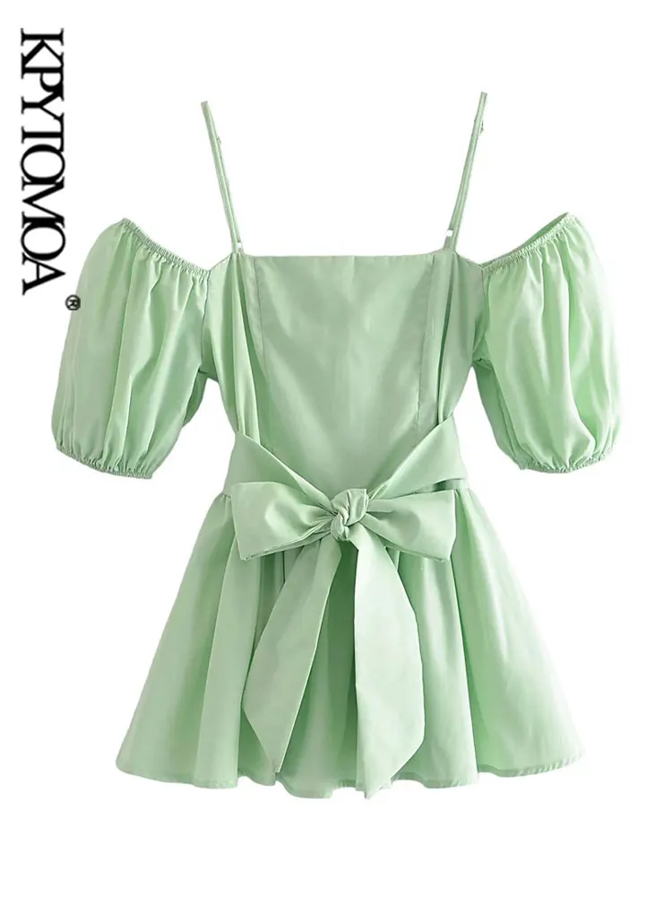 

KPYTOMOA Women Sexy Fashion With Belt Pleated Mini Dress Vintage Short Sleeve Thin Straps Female Dresses Vestidos Mujer