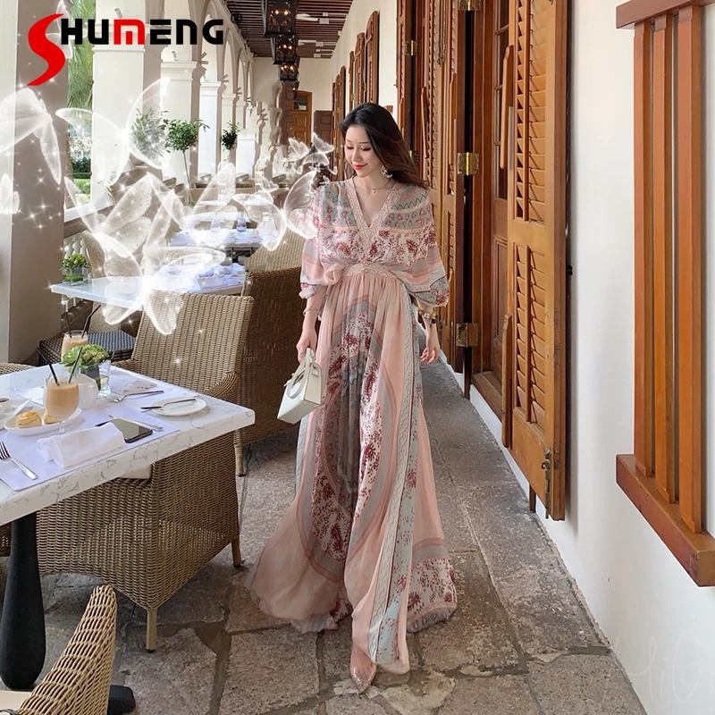 

Temperament Female Summer Printed Long Dress Loose Big Hem V-neck Batwing Sleeve Vintage Socialite Woman Vacation Dresses 2022
