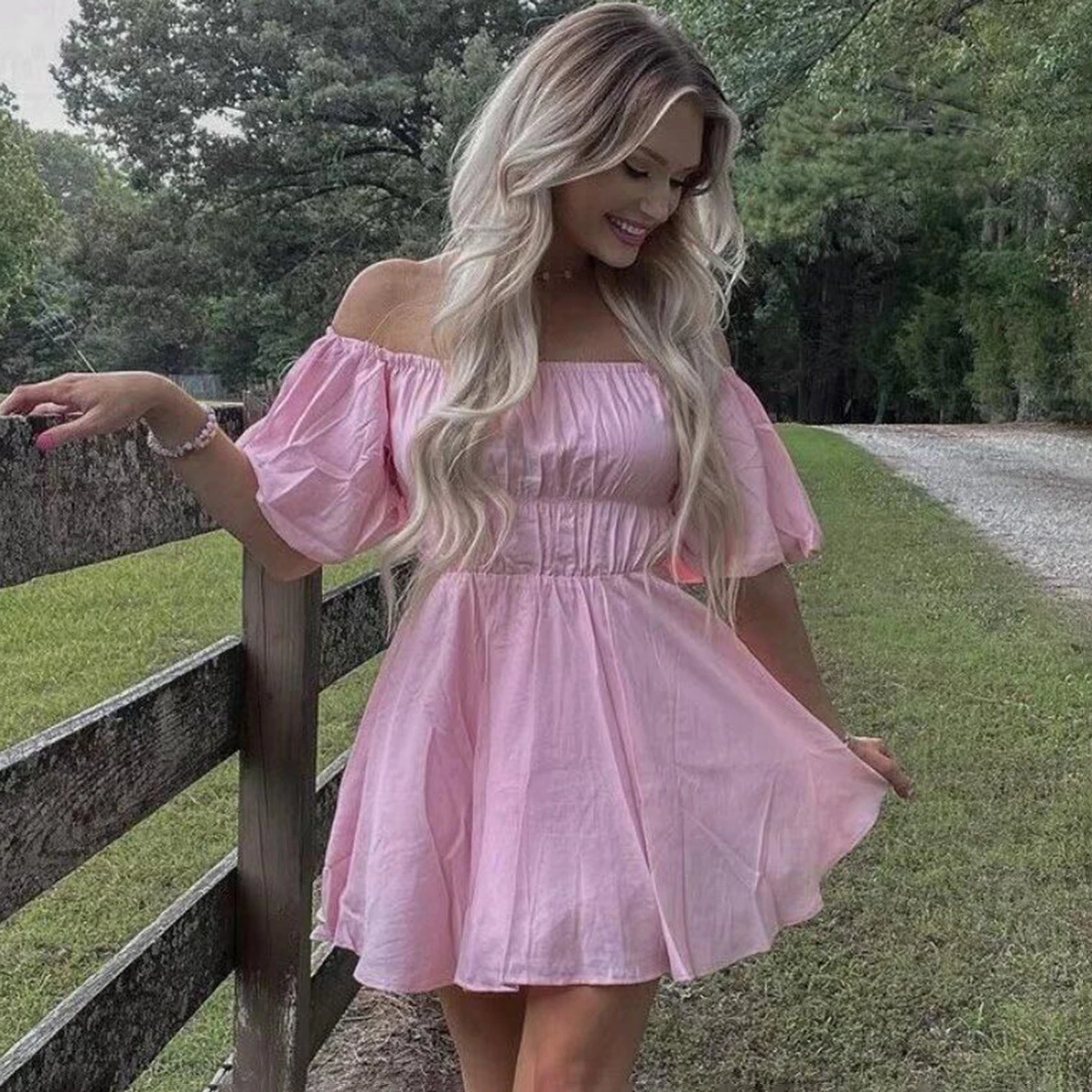 

Jastie Solid Color Mini Dress Sexy Slash Neck Puff Sleeve Folds Loose Hem Vestidos Party Elegant Dress For Women Summer 2022