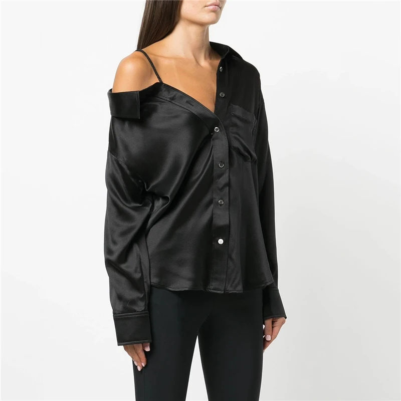 

2022 New Spring Irregular Satin Off Shoulder Long Sleeve Shirts Women's Fashion High Street Loose Single Breasted Lapel Shirts