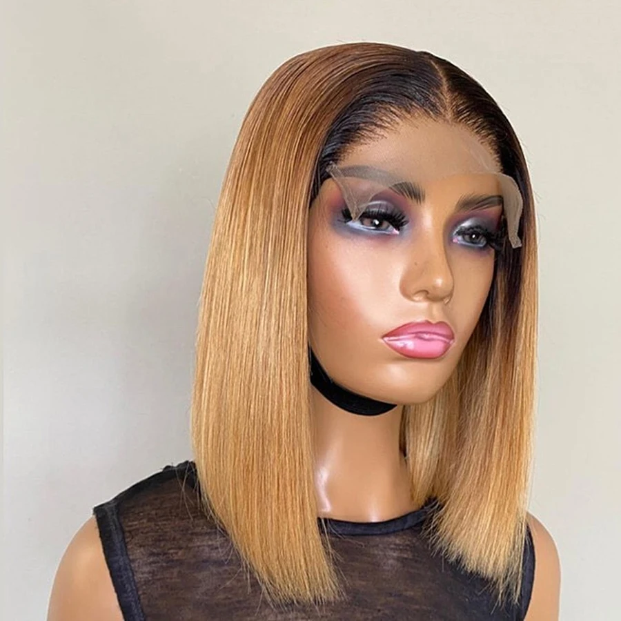 Short Bob Transparent 1B27 Straight Human Hair Wig Pre Plucked Ombre Blonde 13x4 HD Lace Front Wig For Women Baby Hair Glueless