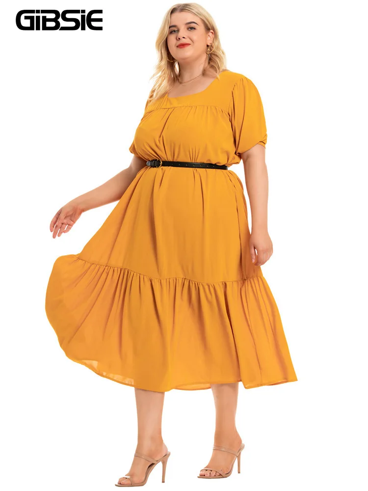 

GIBSIE Plus Size Solid Square Neck Puff Sleeve Ruffle Hem Dresses For Women Vacation Casual Summer Beach Long Dress Without Belt