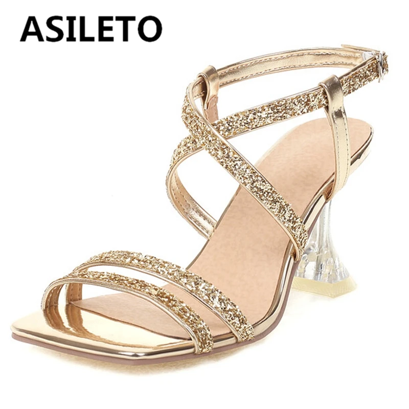 

ASILETO 2022 Fashion Women's Sandals Square Toe Spool Heels Glitter Buckle Straps Sexy Big Size 34-46 Gold Silver Summer S3283