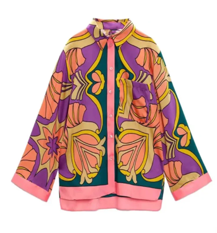 Loose Satin Sleepwear for Women Fashion Print Vintage Pajamas Set 2 Pcs Long Sleeve Pants Female Homewear Chic Summer Suit