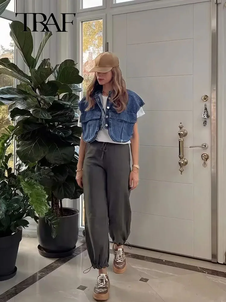 

Женская укороченная рубашка без рукавов, с карманами