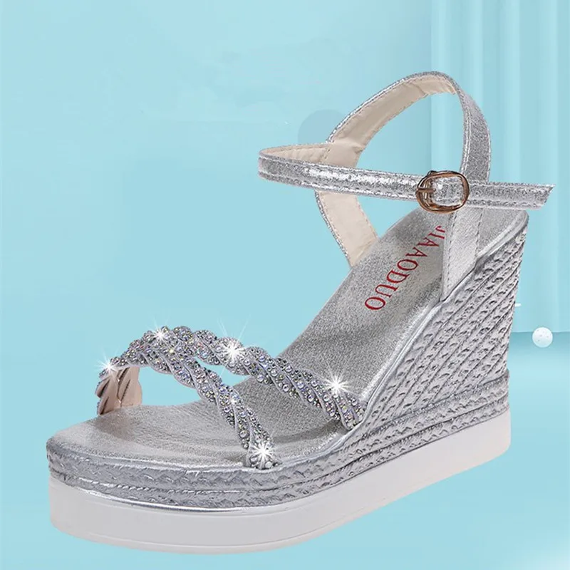 

Fashion Pumps For Women Summer Shoes 10cm Heels Wedges Womans Party High Heels Blingbling Thick Platform Solid Female Sandals