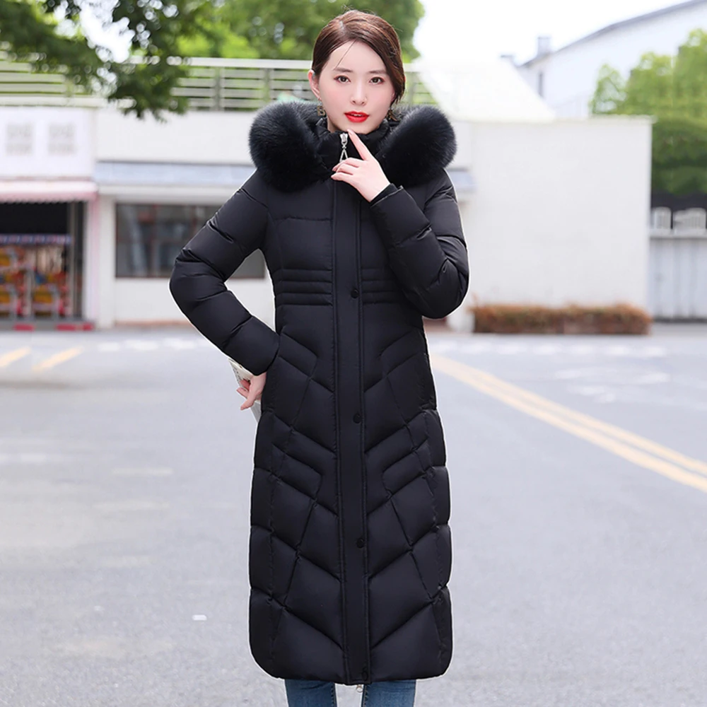 New Women Long Down Jacket Winter Casual Fashion Thicken Warm Real Fox Fur Collar White Duck Down Coat Slim Hooded Overcoat