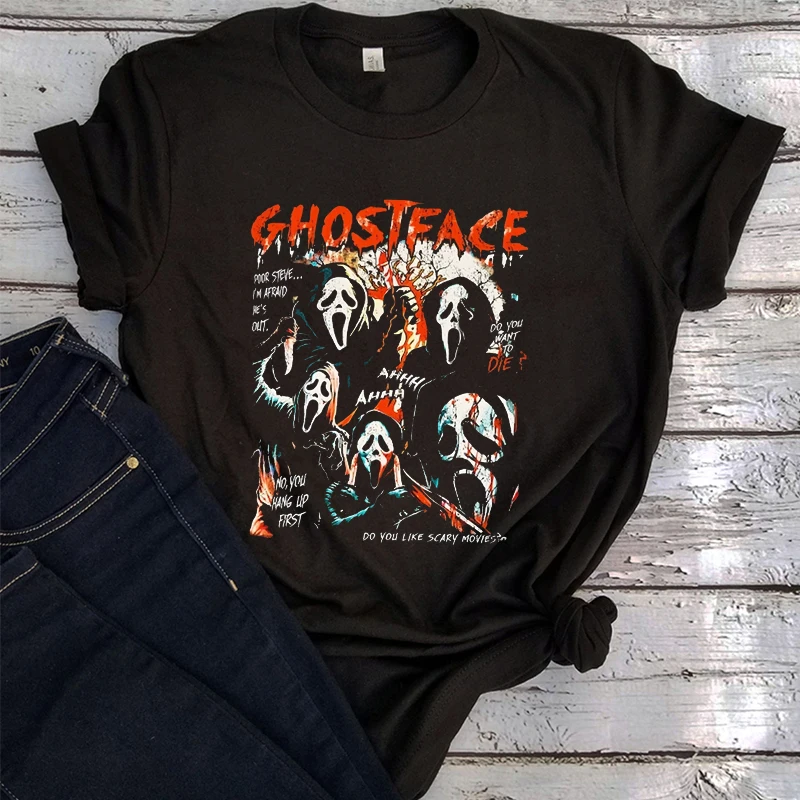 

Vintage Ghostface Shirt Scary Movie Tshirt Horror Movie T-Shirt Retro 90s Scream Women Clothing Funny Halloween Tees M