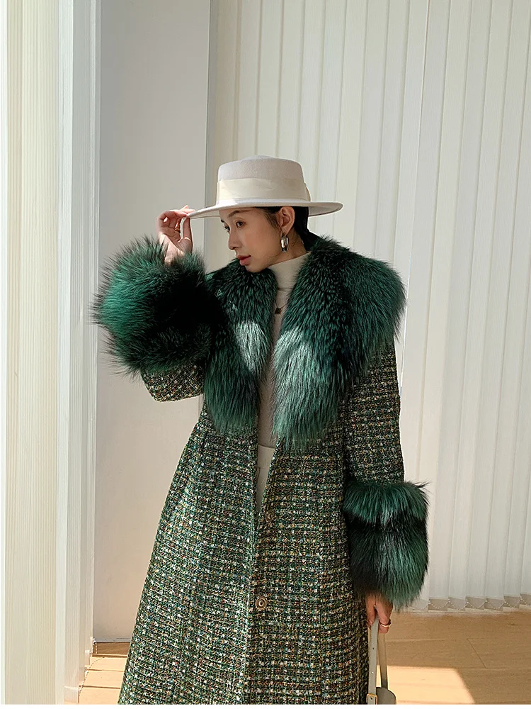 

brand genuine Luxury 2023 Wool Blends Real Coat Winter Jacket Plaid Fox Fur Collar Cuffs Tweed Women X-Long Slim Belt Thick Loos