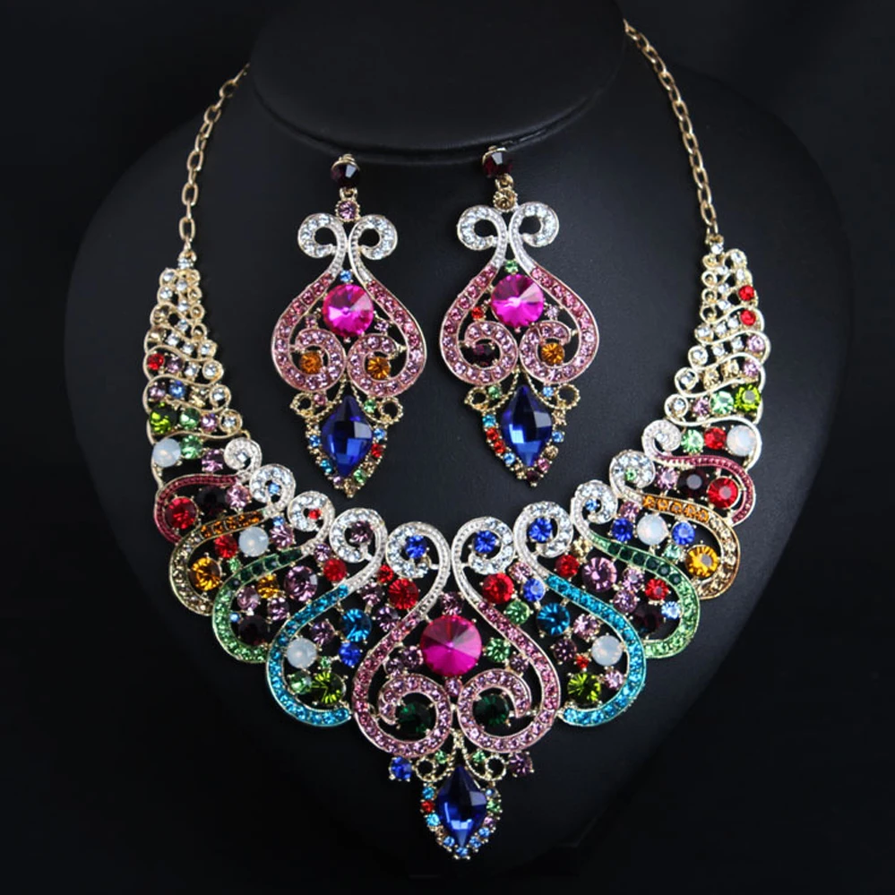 

Fashion European and American Luxury Colorful Crystal Gem Collarbone Chain Exaggerated Women's Necklace Earrings Set Accessories