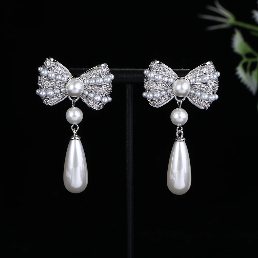 

Luxury Romantic Butterfly Bowknot Pearl Long Earrings For Women Wedding Party Cubic Zircon Dubai Bridal Jewelry A0120