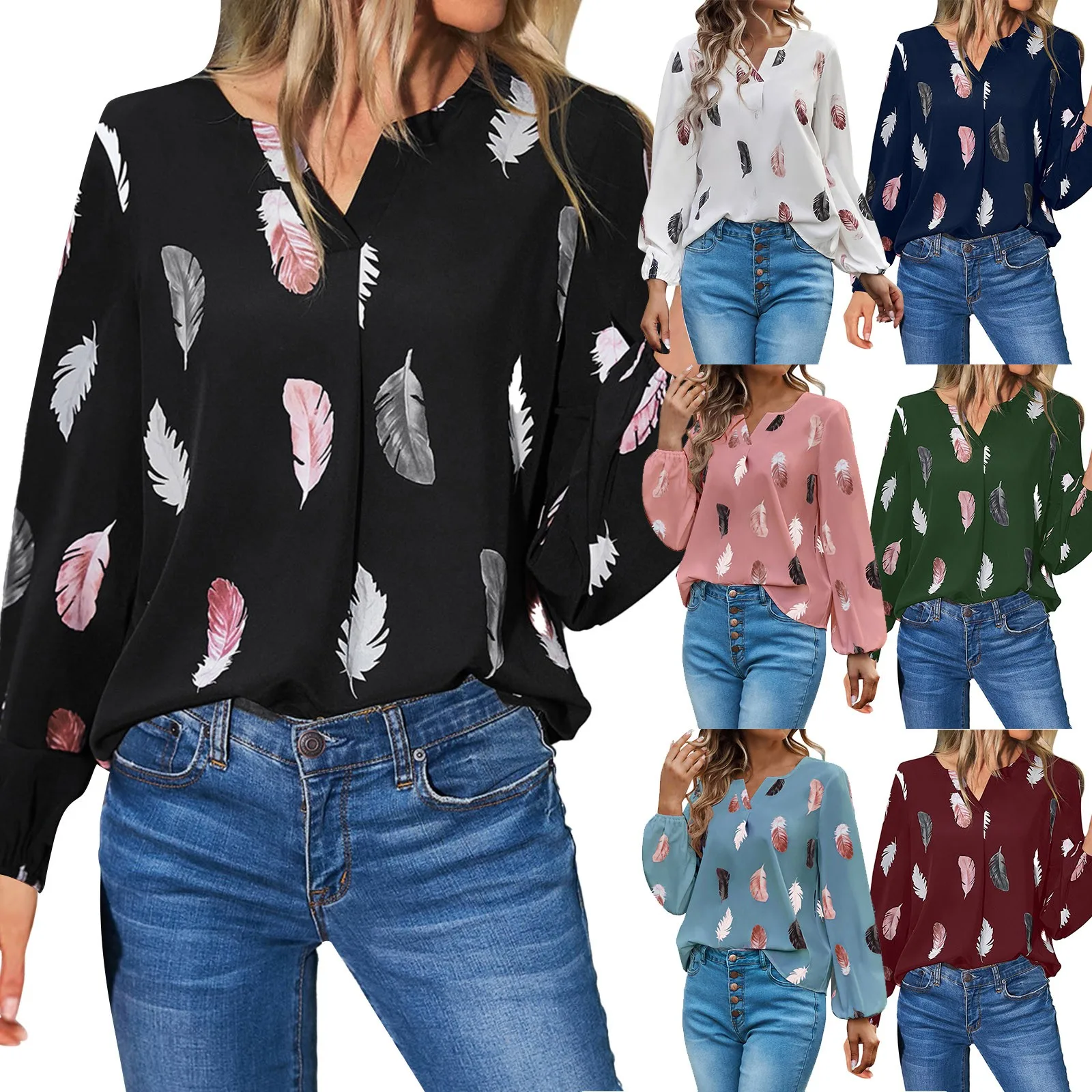 

Блузка женская с длинным рукавом, шифоновая Повседневная хлопковая рубашка на пуговицах, с принтом, с V-образным вырезом и длинным рукавом