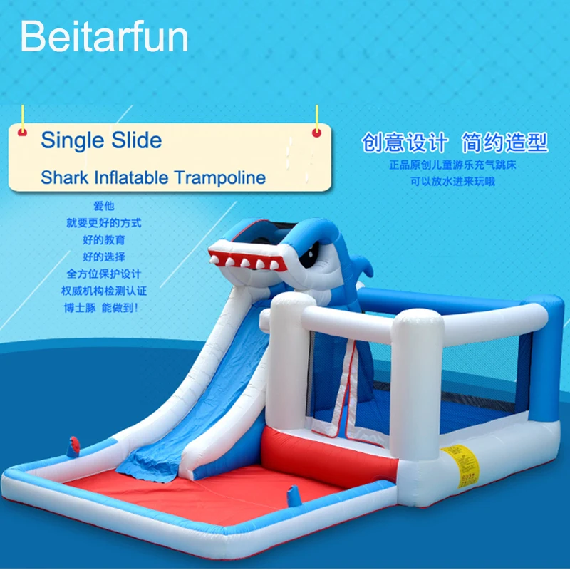 

Shark Inflatable Toys Slide Bounce House Castle Trampoline with big pool Nylon Inflated Bouncy Combo kids toys with water-spray
