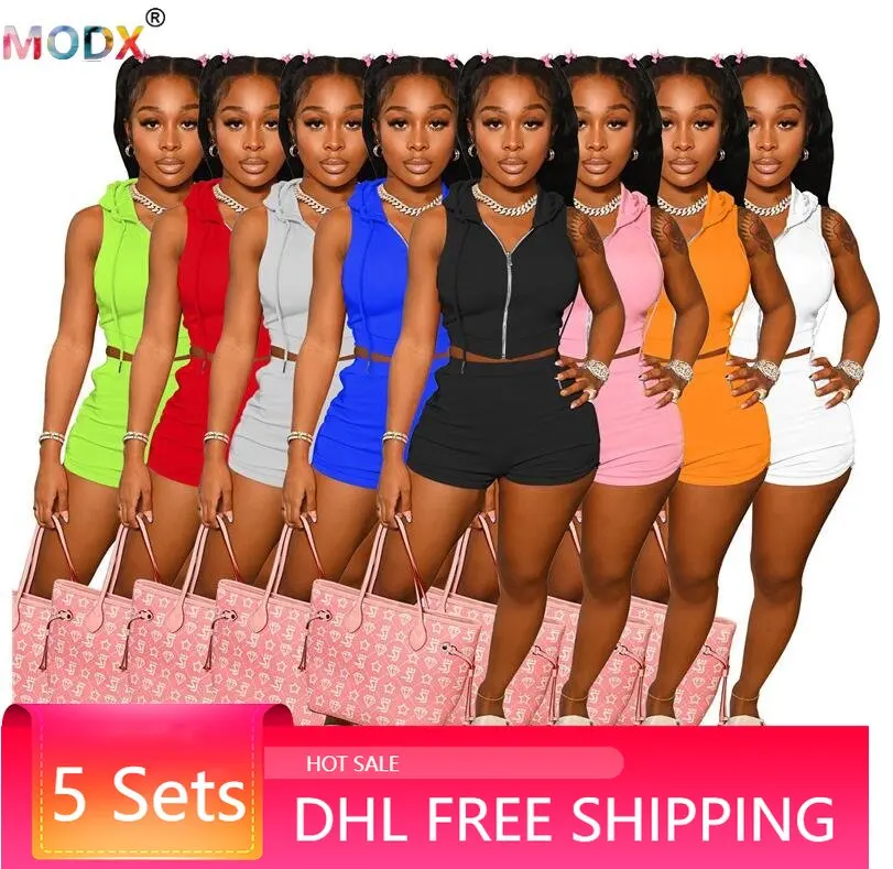 

5 Sets Bulk Wholesale Women Outfits Summer 2 Piece Set Shorts Joggers Hooded Crop Tops Short Track Suits Casual Y2k Clothes 7059