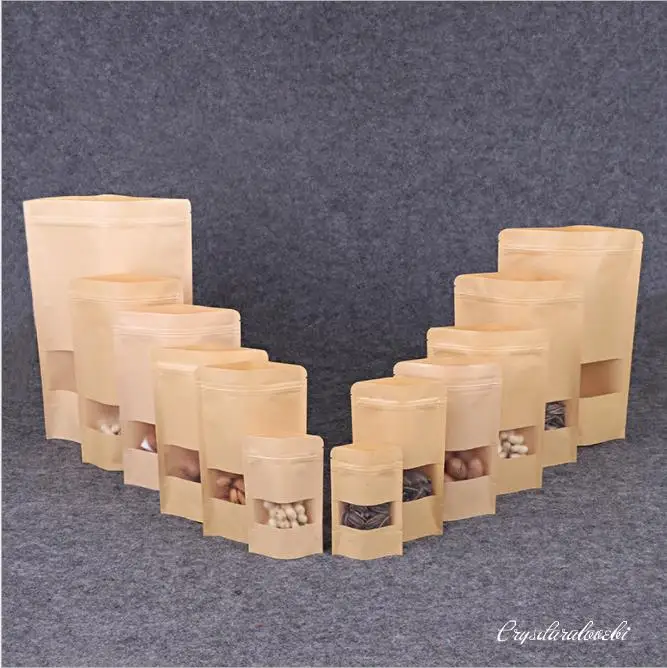 

100pcs Packing Zip Lock Kraft Paper Window Bag Stand up Gift Dried Food Fruit Tea packaging Pouches Zipper Self Sealing Bags