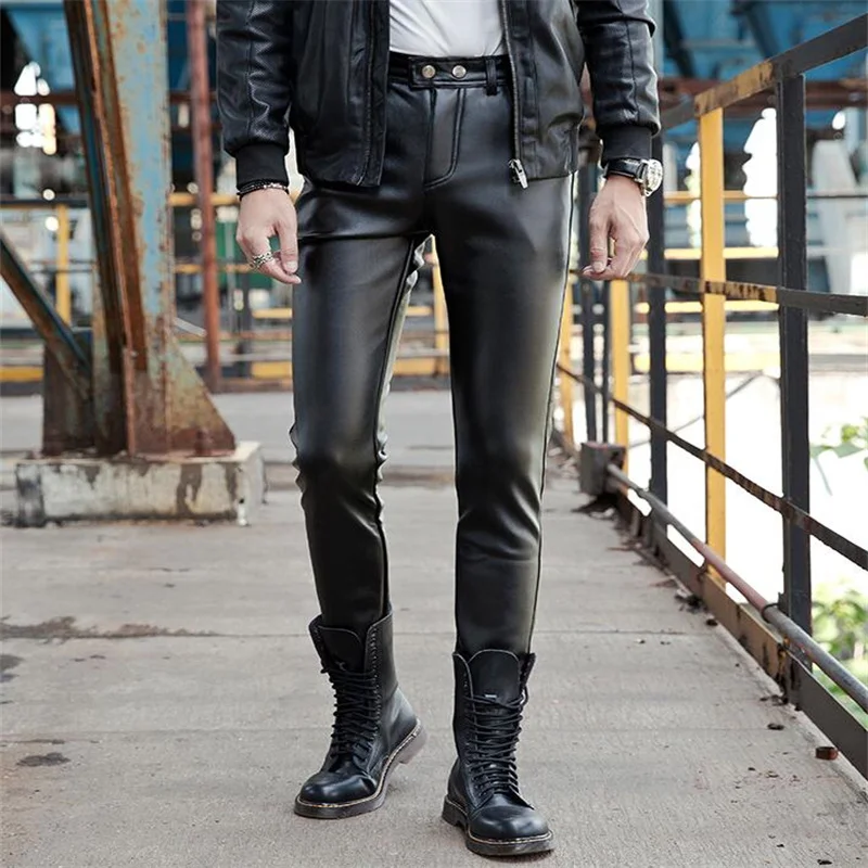 Plus velvet thick leather pants mens feet pants fashion motorcycle pu trousers for men black personality pantalon homme