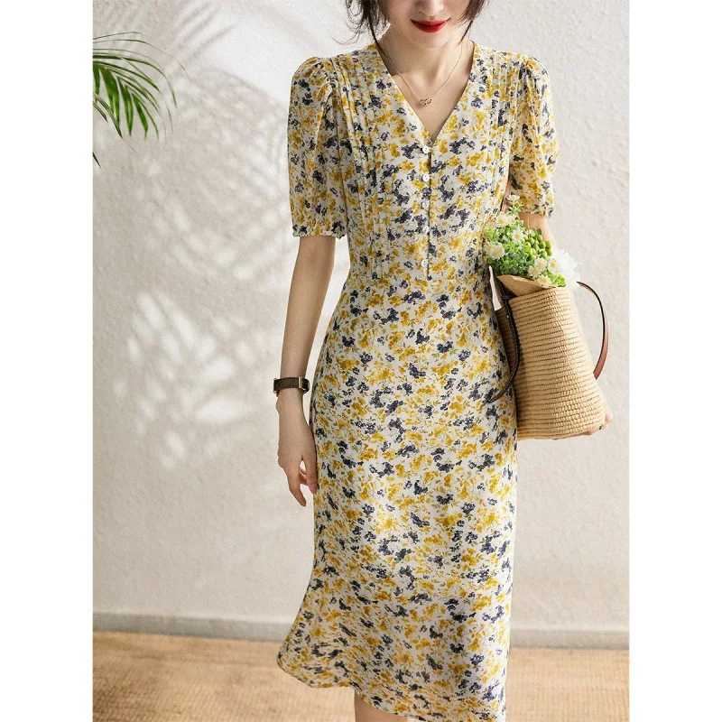 

Floral Chiffon Dresses for Women Ladies Vintage Korean V-neck Bubble Sleeve Temperament Elegant Summer Dress Sweet Long Dress