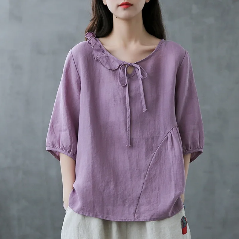 

Casual Cotton Linen Women'S T-Shirt Solid Loose Ruffles Bandage Patchwork Retro Top Women Harajuku Shirts Roupas Femininas