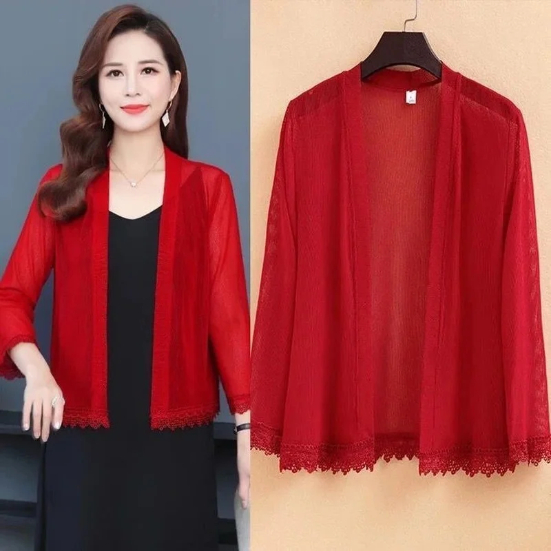 

Женское тонкое пальто, коллекция весна-лето 2021, Солнцезащитная одежда, сетчатая куртка с рукавом три четверти, красные женские топы, модель ...